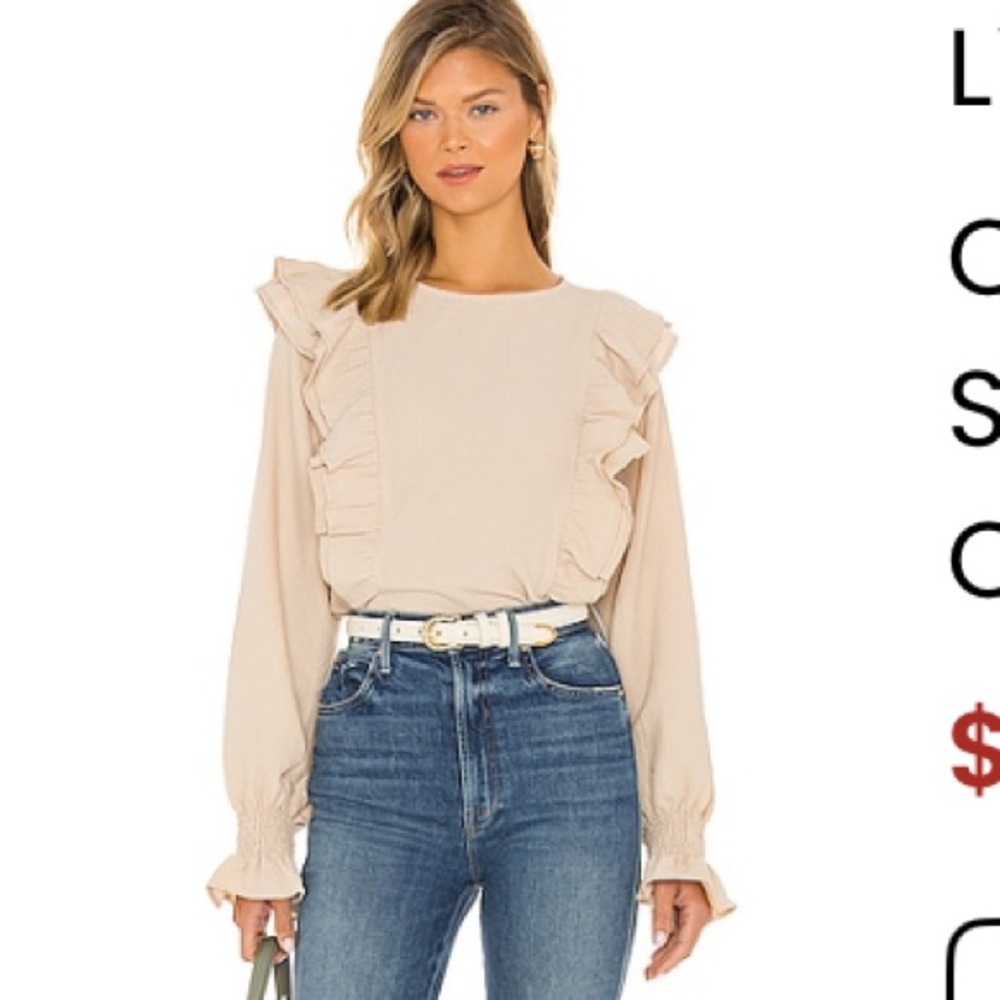 Carly Crinkled-Line & Dot Cream Ruffle Sleeve Blouse